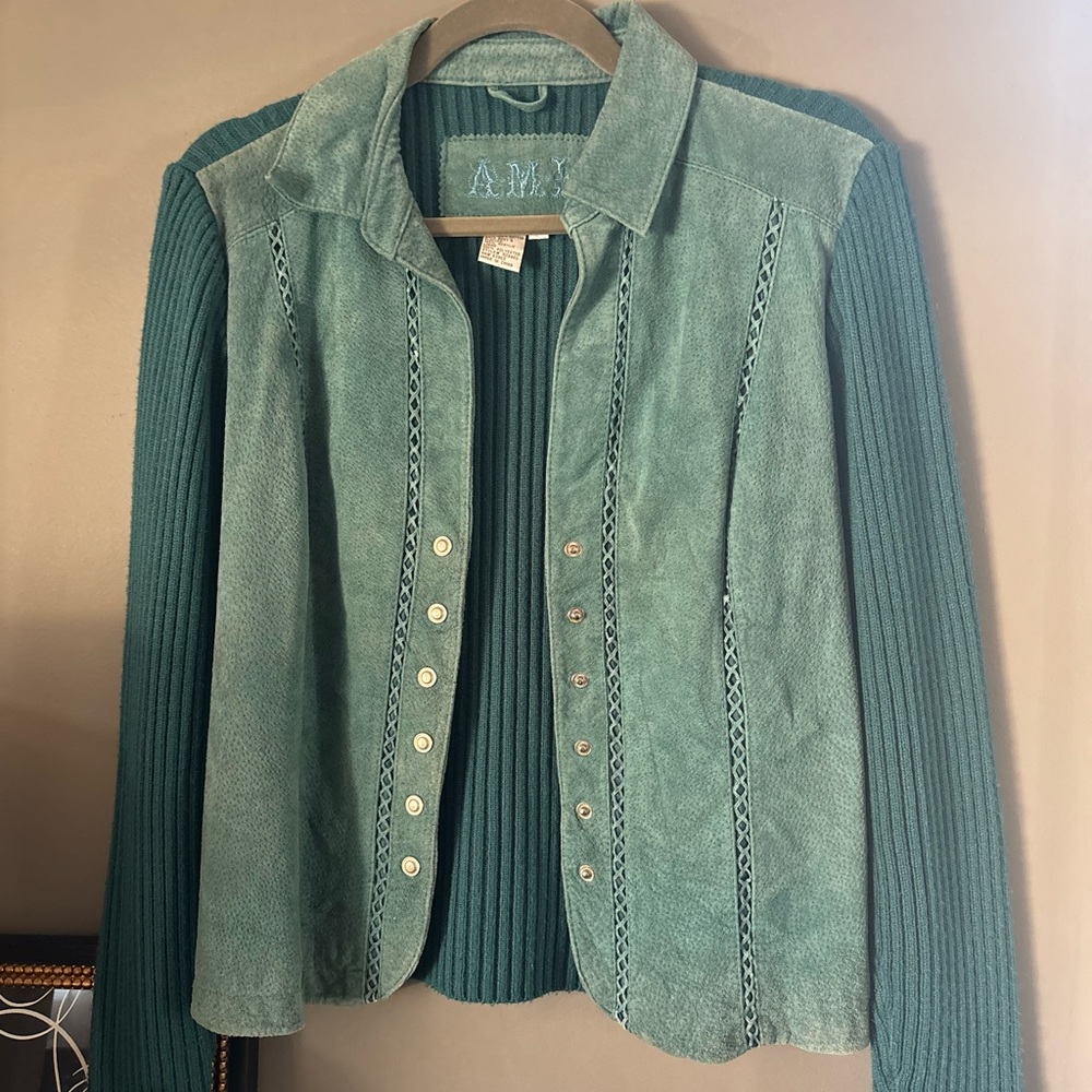 Ami Blue Cardigan with Leather Detail